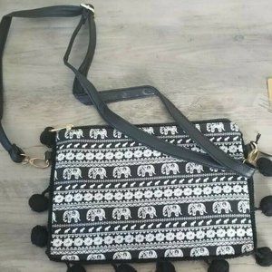 Women's Black Canvas Tassel Elephant Clutch & Crossbody Bag Boho Bag NWT Small